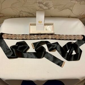 FZD Fangzhidi Rhinestone Beaded Applique on Black Ribbon Belt